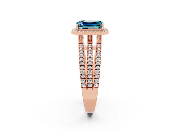 Rose gold Emerald Cut Blue Topaz Halo Engagement Ring with Split Shank and Four-Prong Setting