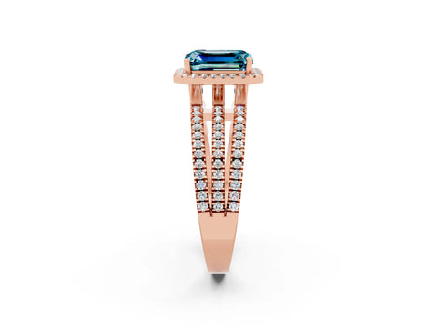 Rose gold {shape_name} Blue Topaz Halo Engagement Ring with Split Shank and Four-Prong Setting_2
