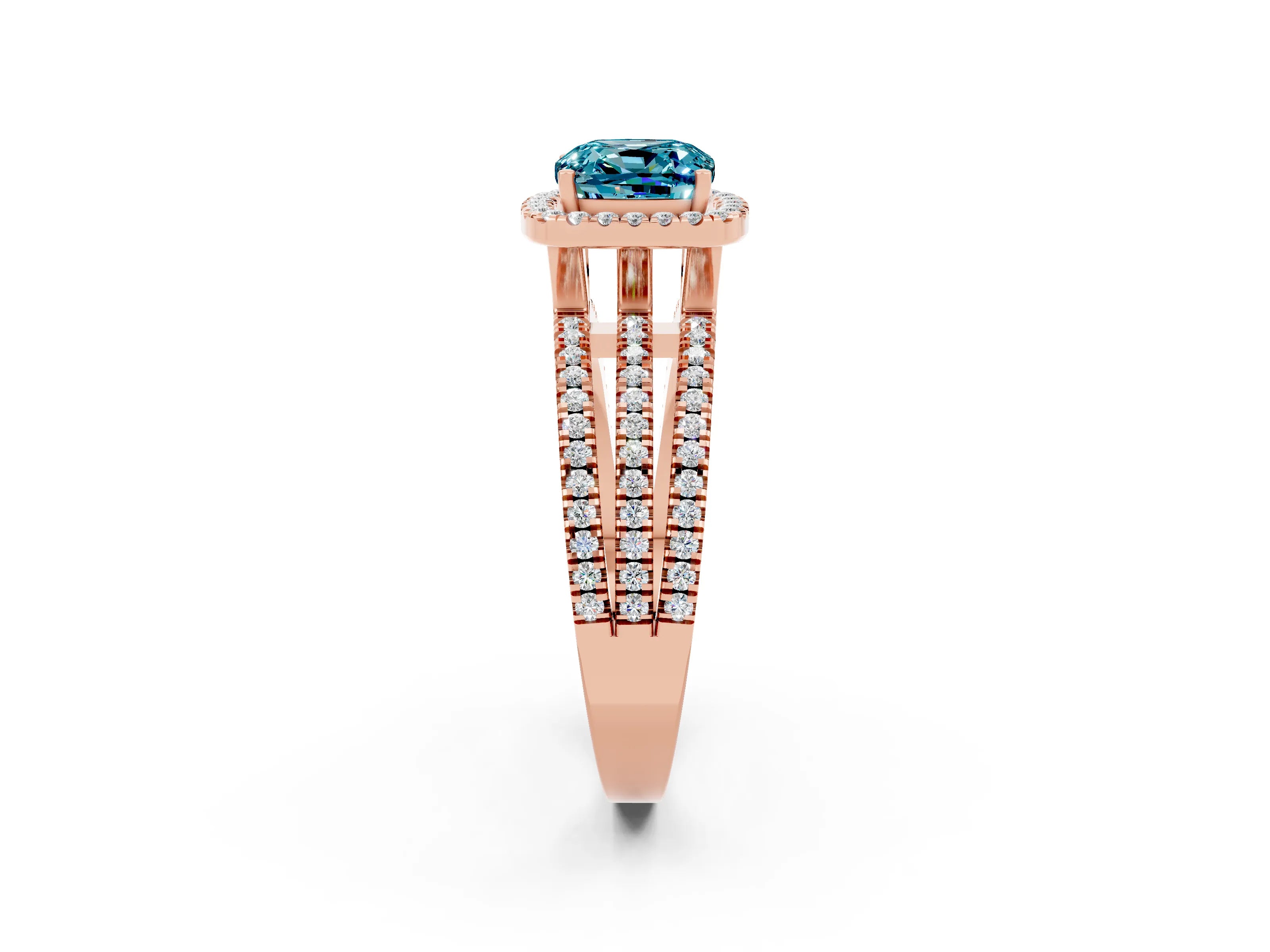Rose gold {shape_name} Blue Topaz Halo Engagement Ring with Split Shank and Four-Prong Setting_2