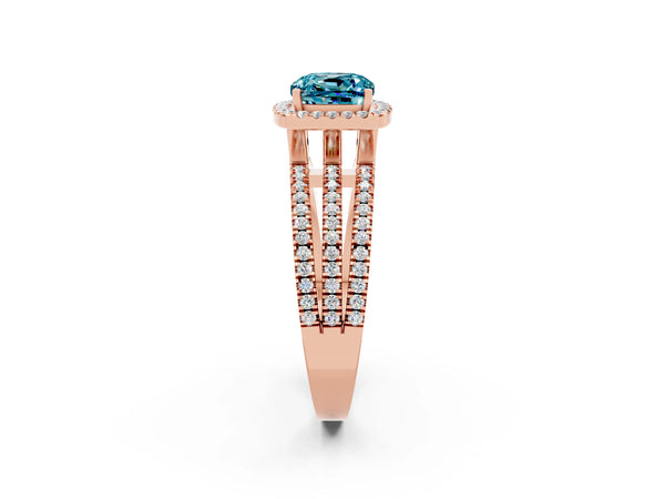 Rose gold Cushion Cut Blue Topaz Halo Engagement Ring with Split Shank and Four-Prong Setting