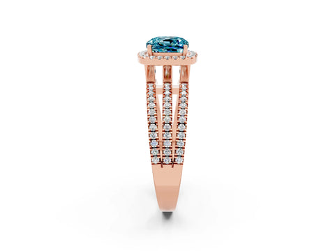 Rose gold {shape_name} Blue Topaz Halo Engagement Ring with Split Shank and Four-Prong Setting_2