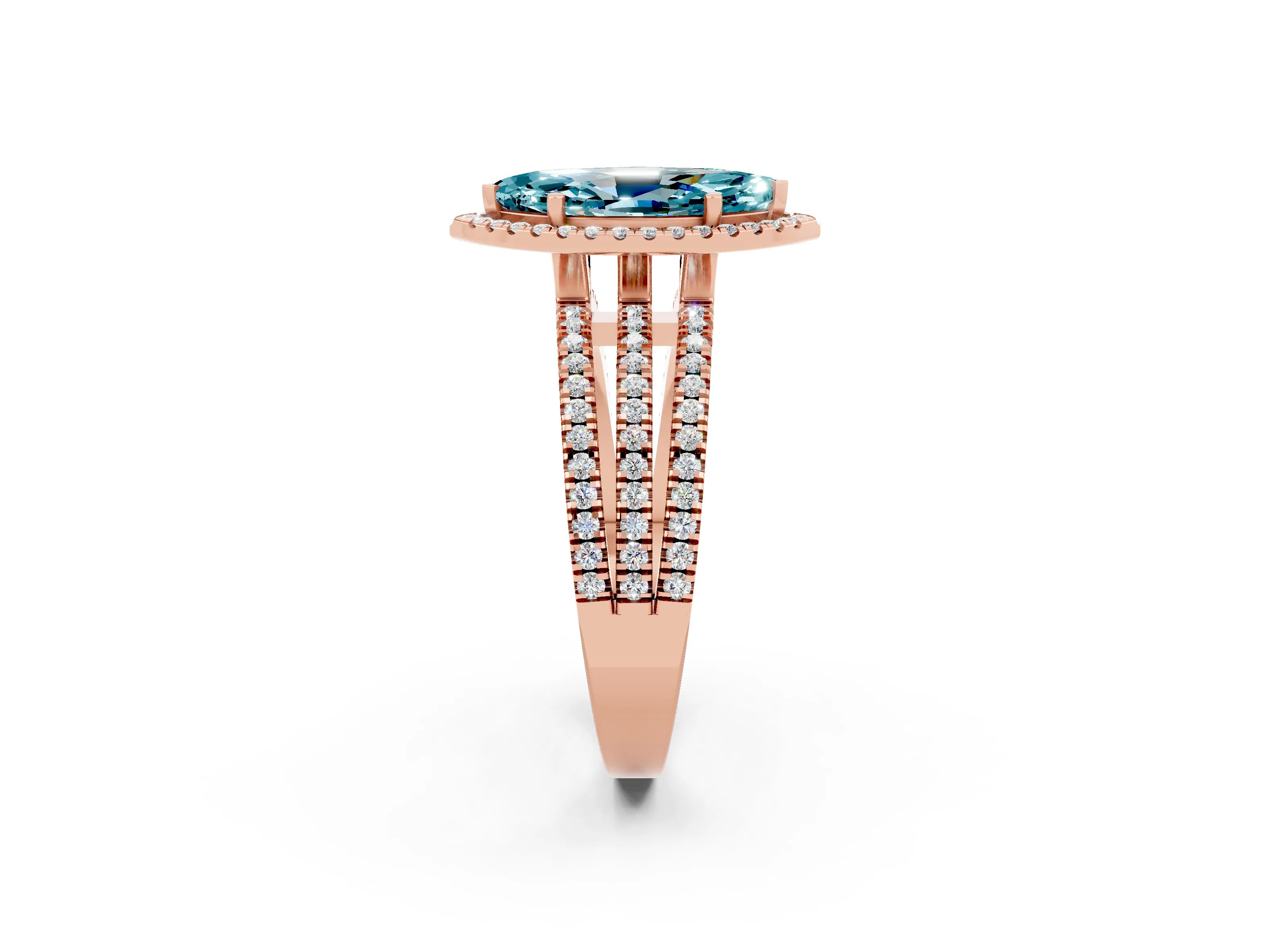 Rose gold {shape_name} Blue Topaz Halo Engagement Ring with Split Shank and Four-Prong Setting_2