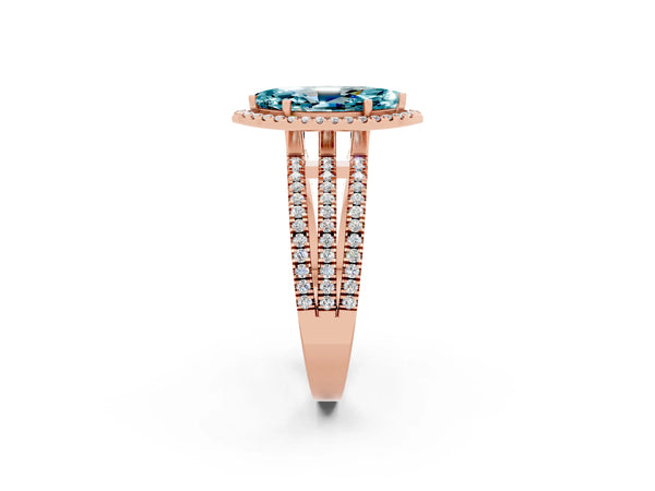 Rose gold Marquise Cut Blue Topaz Halo Engagement Ring with Split Shank and Four-Prong Setting