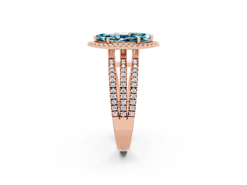 Rose gold {shape_name} Blue Topaz Halo Engagement Ring with Split Shank and Four-Prong Setting_2