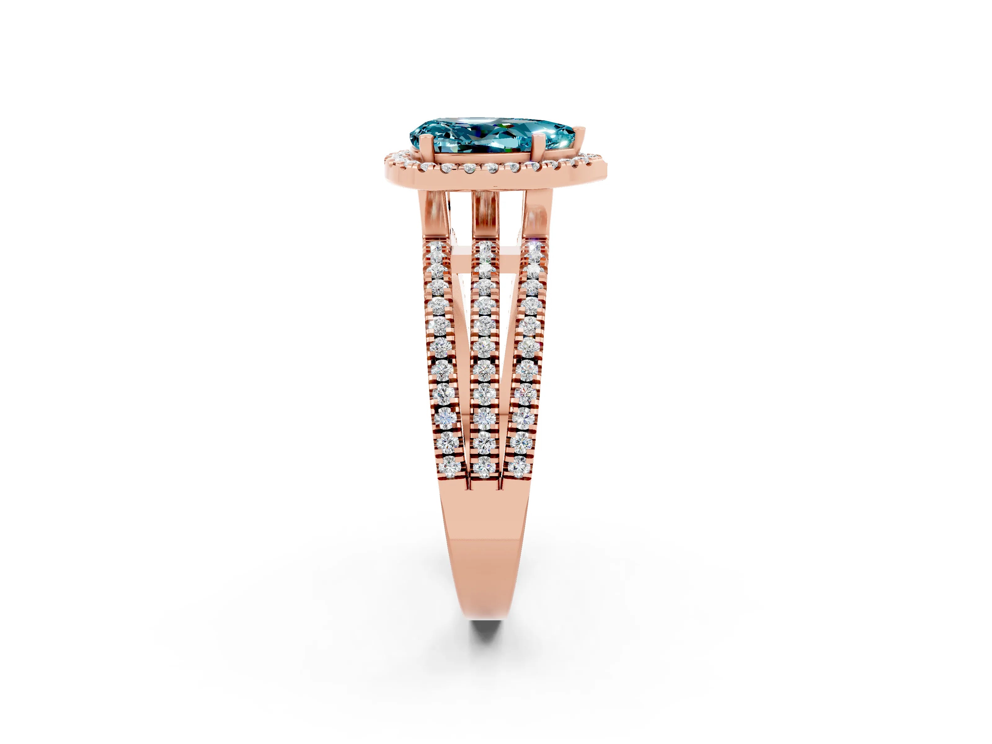 Rose gold {shape_name} Blue Topaz Halo Engagement Ring with Split Shank and Four-Prong Setting_2