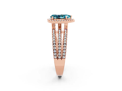 Rose gold {shape_name} Blue Topaz Halo Engagement Ring with Split Shank and Four-Prong Setting_2