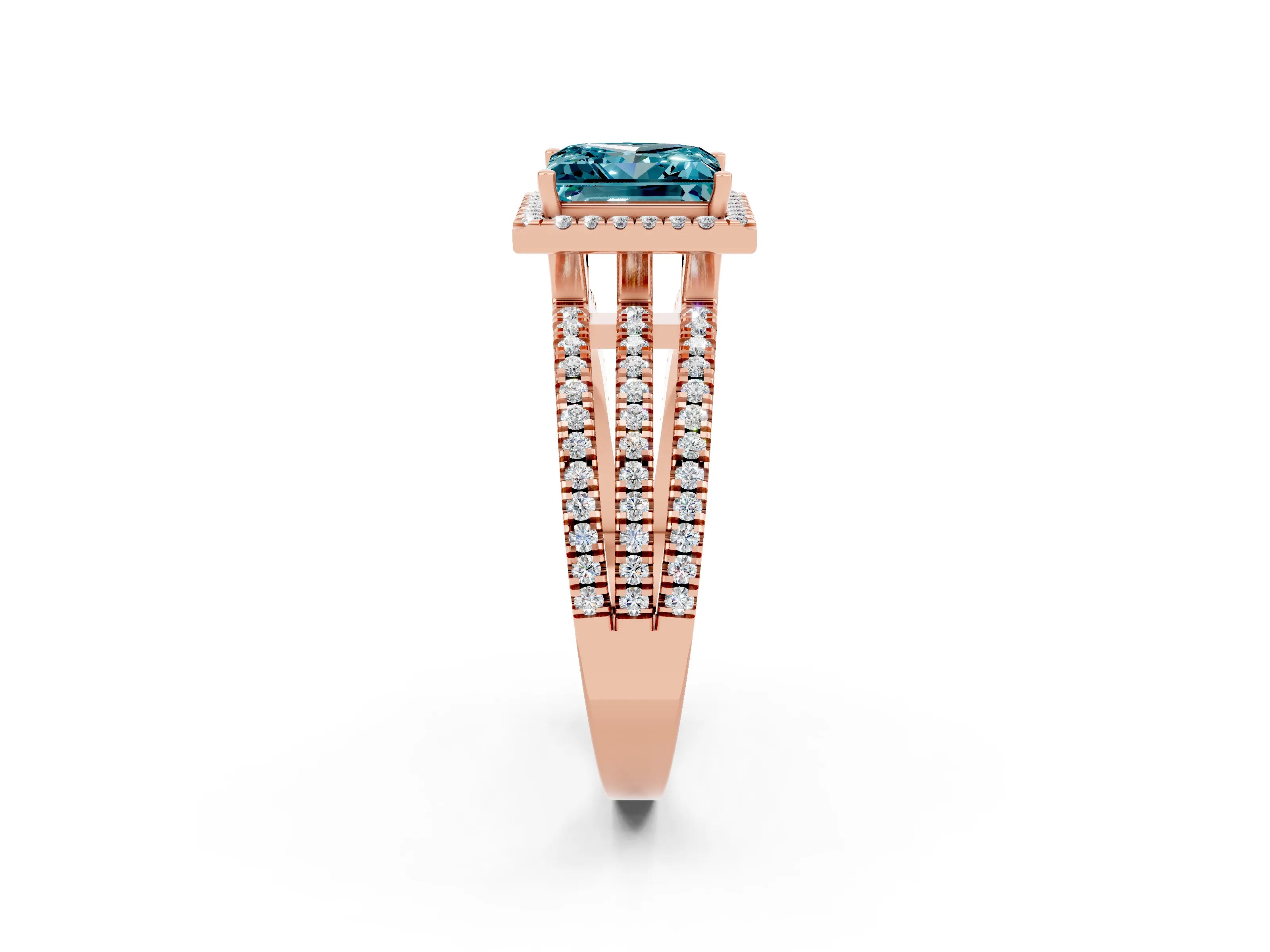 Rose gold {shape_name} Blue Topaz Halo Engagement Ring with Split Shank and Four-Prong Setting_2