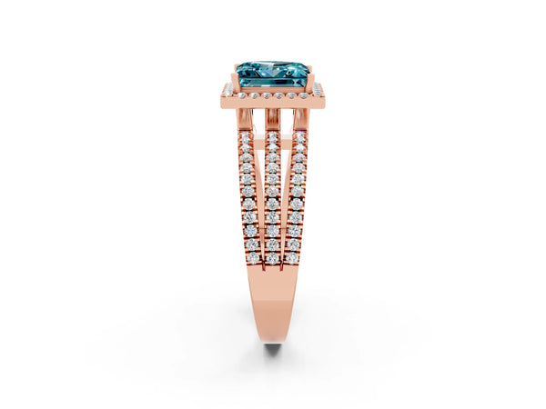 Rose gold Princess Cut Blue Topaz Halo Engagement Ring with Split Shank and Four-Prong Setting