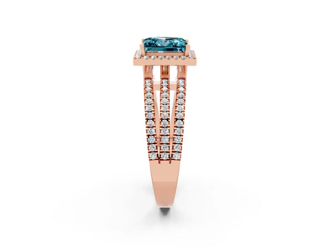 Rose gold {shape_name} Blue Topaz Halo Engagement Ring with Split Shank and Four-Prong Setting_2