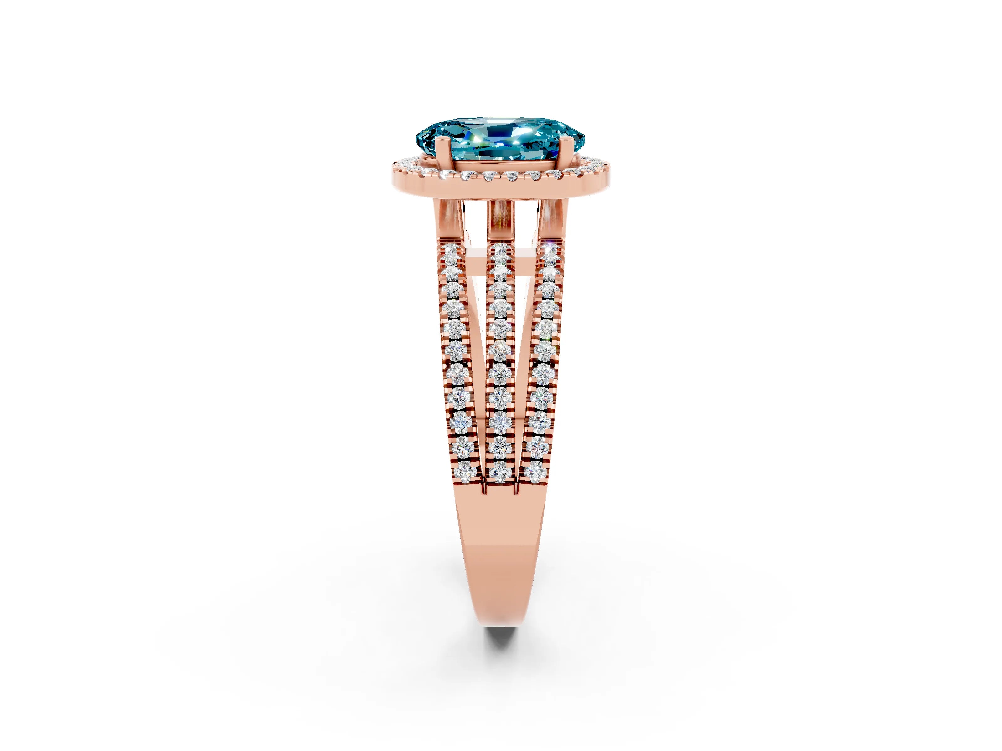 Rose gold {shape_name} Blue Topaz Halo Engagement Ring with Split Shank and Four-Prong Setting_2