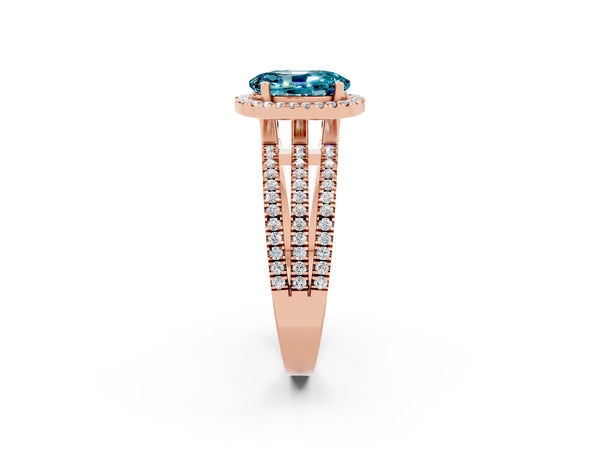 Rose gold Oval Cut Blue Topaz Halo Engagement Ring with Split Shank and Four-Prong Setting