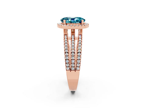 Rose gold {shape_name} Blue Topaz Halo Engagement Ring with Split Shank and Four-Prong Setting_2