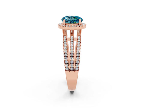 Rose gold {shape_name} Blue Topaz Halo Engagement Ring with Split Shank and Four-Prong Setting_2