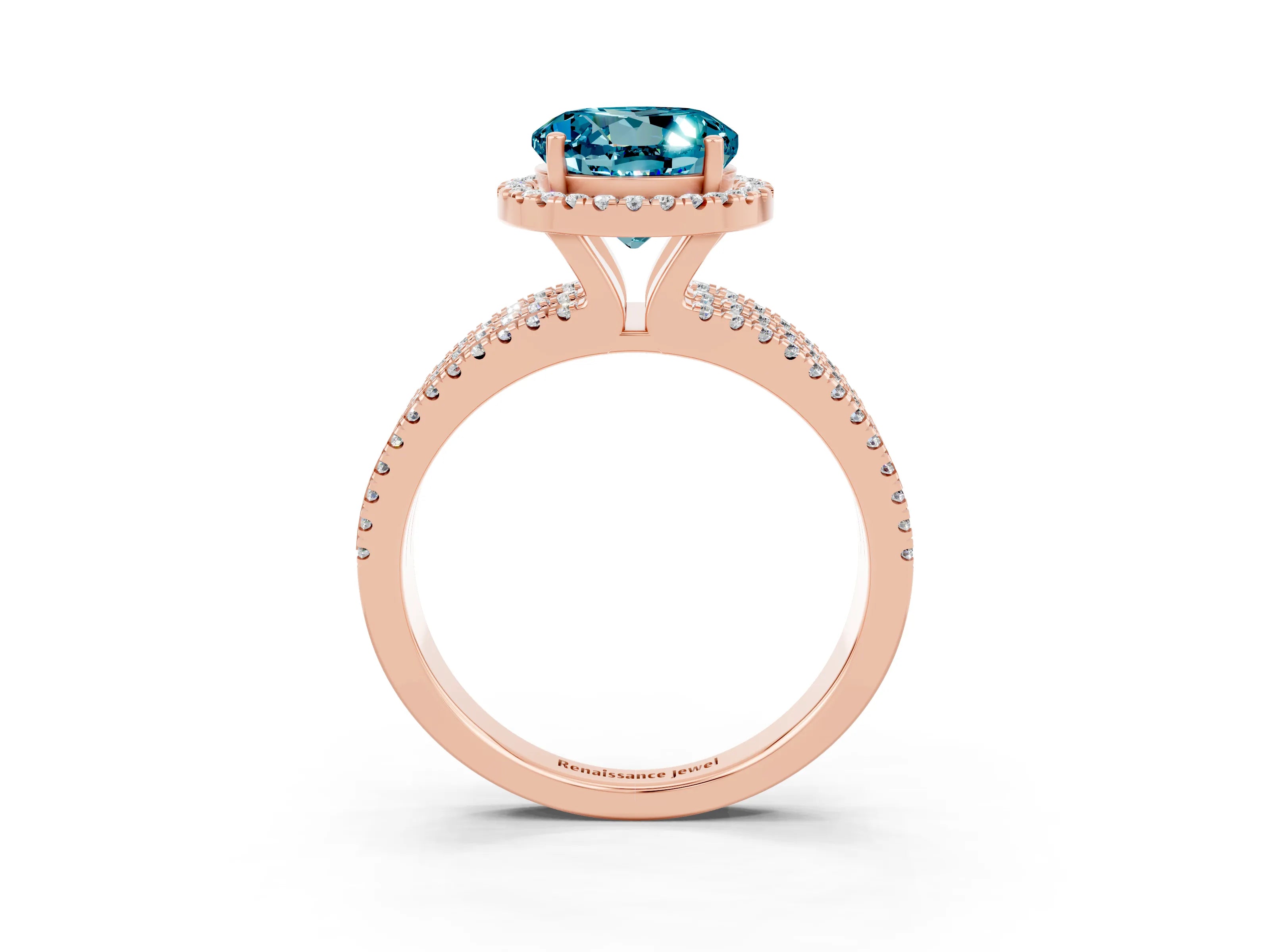 Rose gold {shape_name} Blue Topaz Halo Engagement Ring with Split Shank and Four-Prong Setting_3