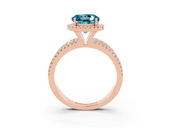 Rose gold Round Cut Blue Topaz Halo Engagement Ring with Split Shank and Four-Prong Setting