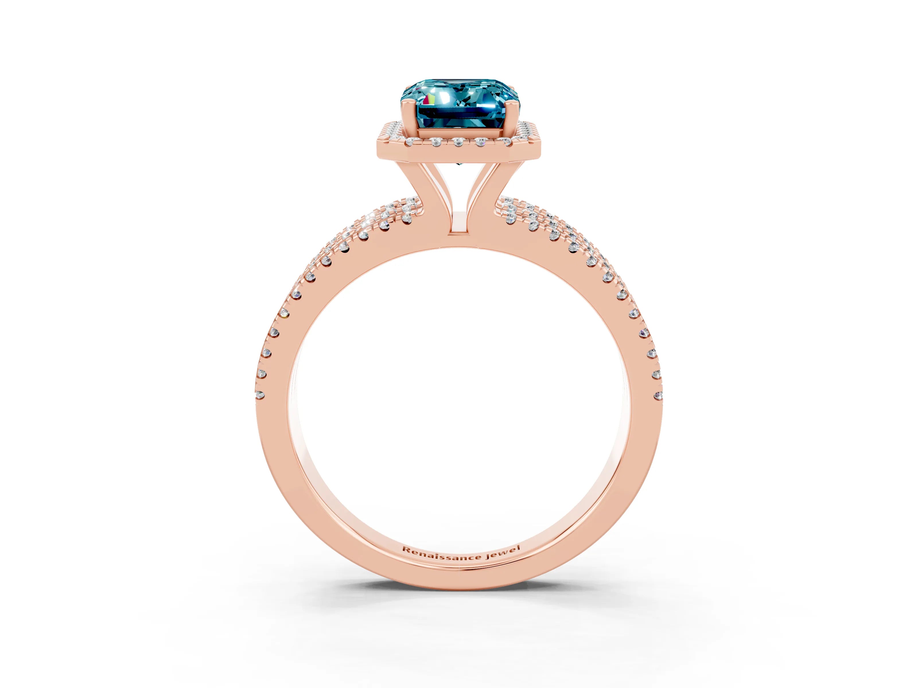 Rose gold {shape_name} Blue Topaz Halo Engagement Ring with Split Shank and Four-Prong Setting_3