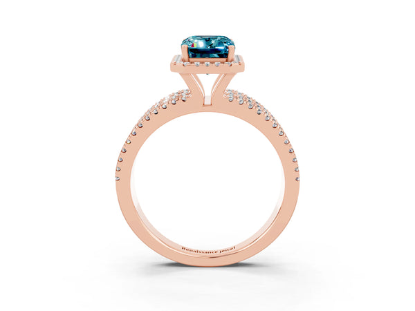 Rose gold Emerald Cut Blue Topaz Halo Engagement Ring with Split Shank and Four-Prong Setting