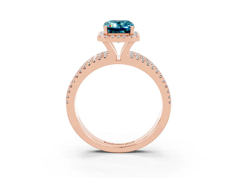 Rose gold {shape_name} Blue Topaz Halo Engagement Ring with Split Shank and Four-Prong Setting_3