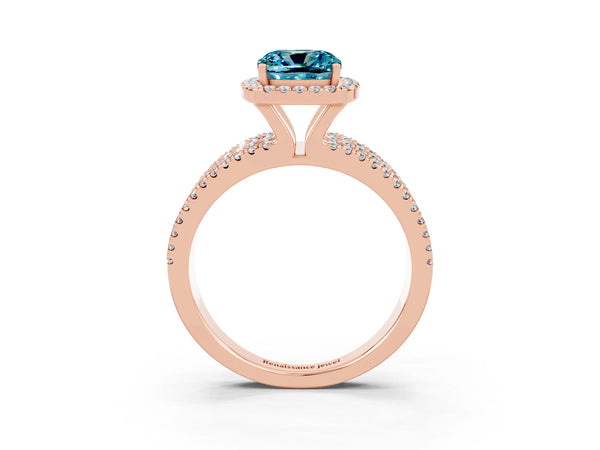 Rose gold Cushion Cut Blue Topaz Halo Engagement Ring with Split Shank and Four-Prong Setting