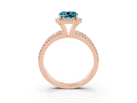Rose gold {shape_name} Blue Topaz Halo Engagement Ring with Split Shank and Four-Prong Setting_3