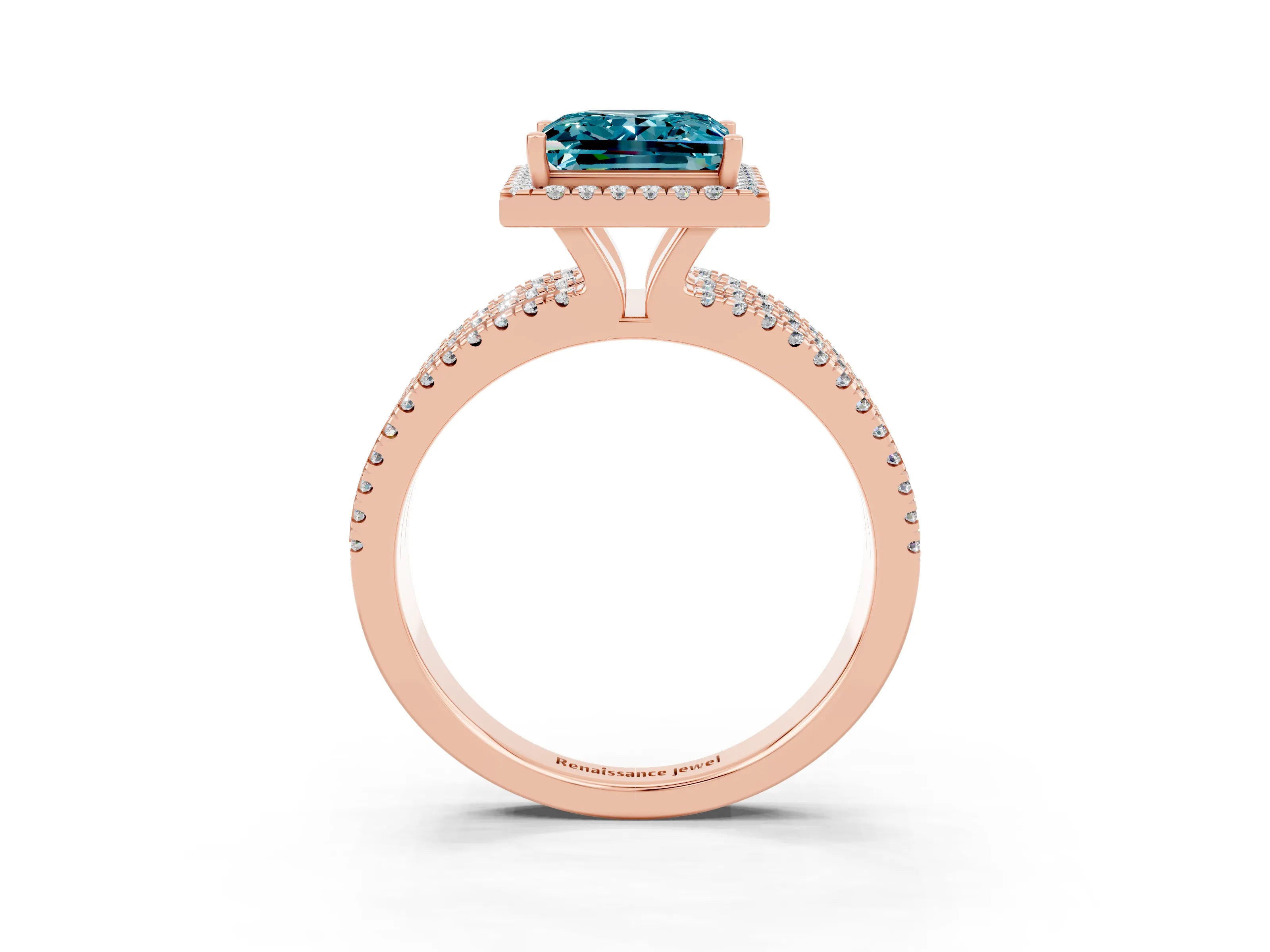 Rose gold {shape_name} Blue Topaz Halo Engagement Ring with Split Shank and Four-Prong Setting_3