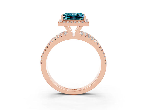 Rose gold Princess Cut Blue Topaz Halo Engagement Ring with Split Shank and Four-Prong Setting
