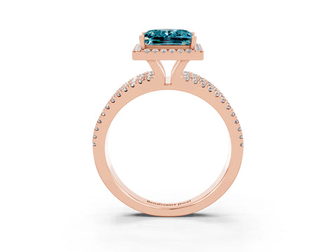 Rose gold {shape_name} Blue Topaz Halo Engagement Ring with Split Shank and Four-Prong Setting_3