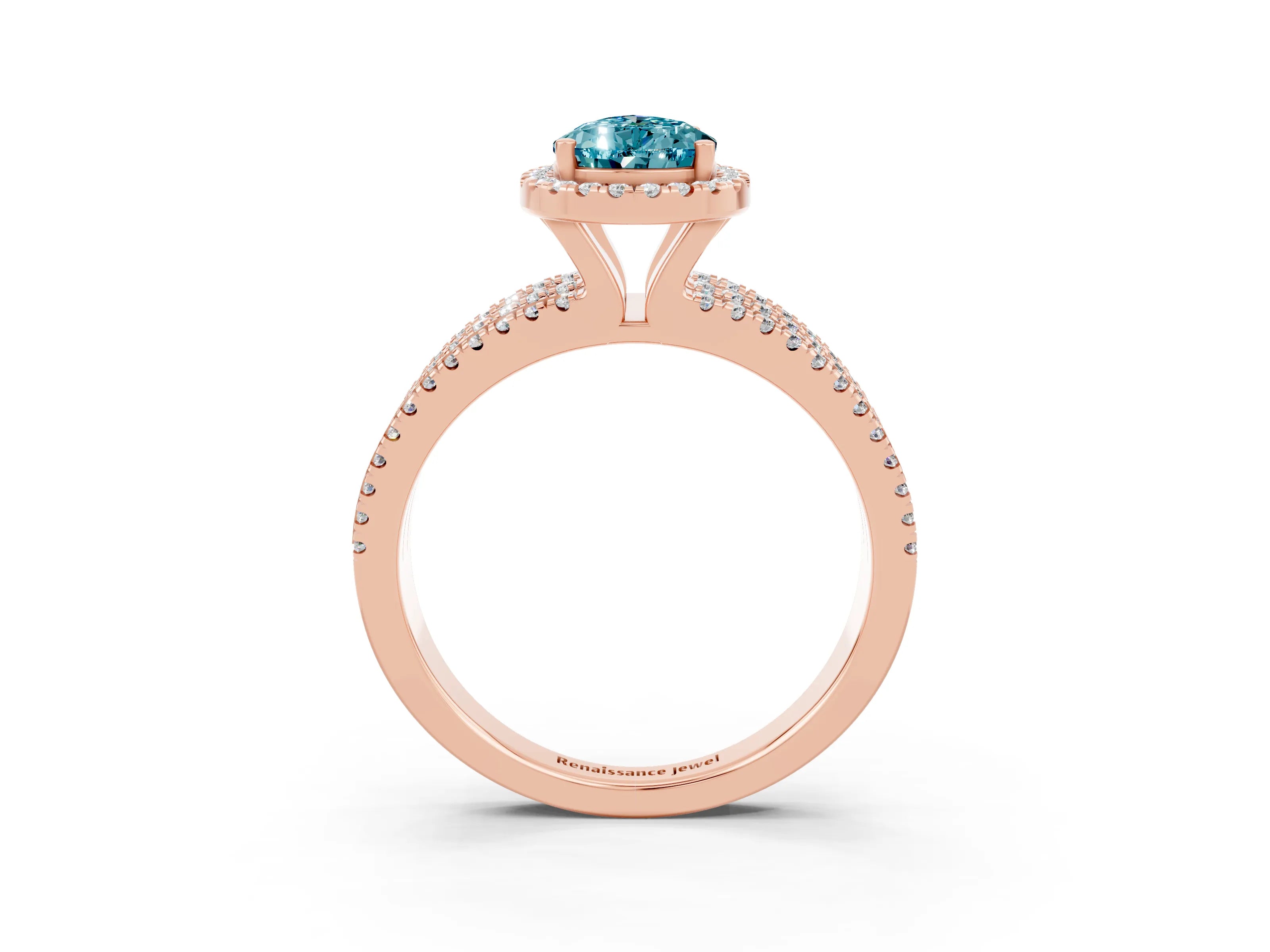 Rose gold {shape_name} Blue Topaz Halo Engagement Ring with Split Shank and Four-Prong Setting_3