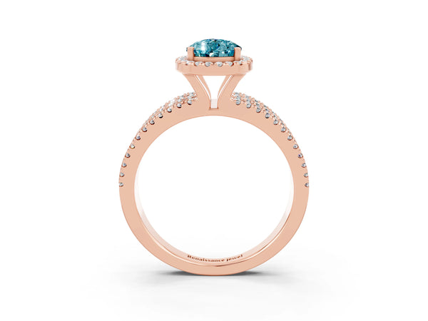 Rose gold Pear Cut Blue Topaz Halo Engagement Ring with Split Shank and Four-Prong Setting