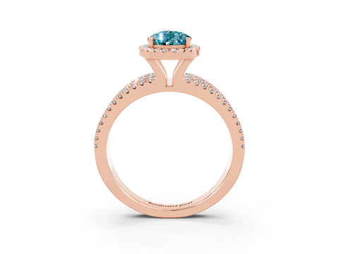 Rose gold {shape_name} Blue Topaz Halo Engagement Ring with Split Shank and Four-Prong Setting_3
