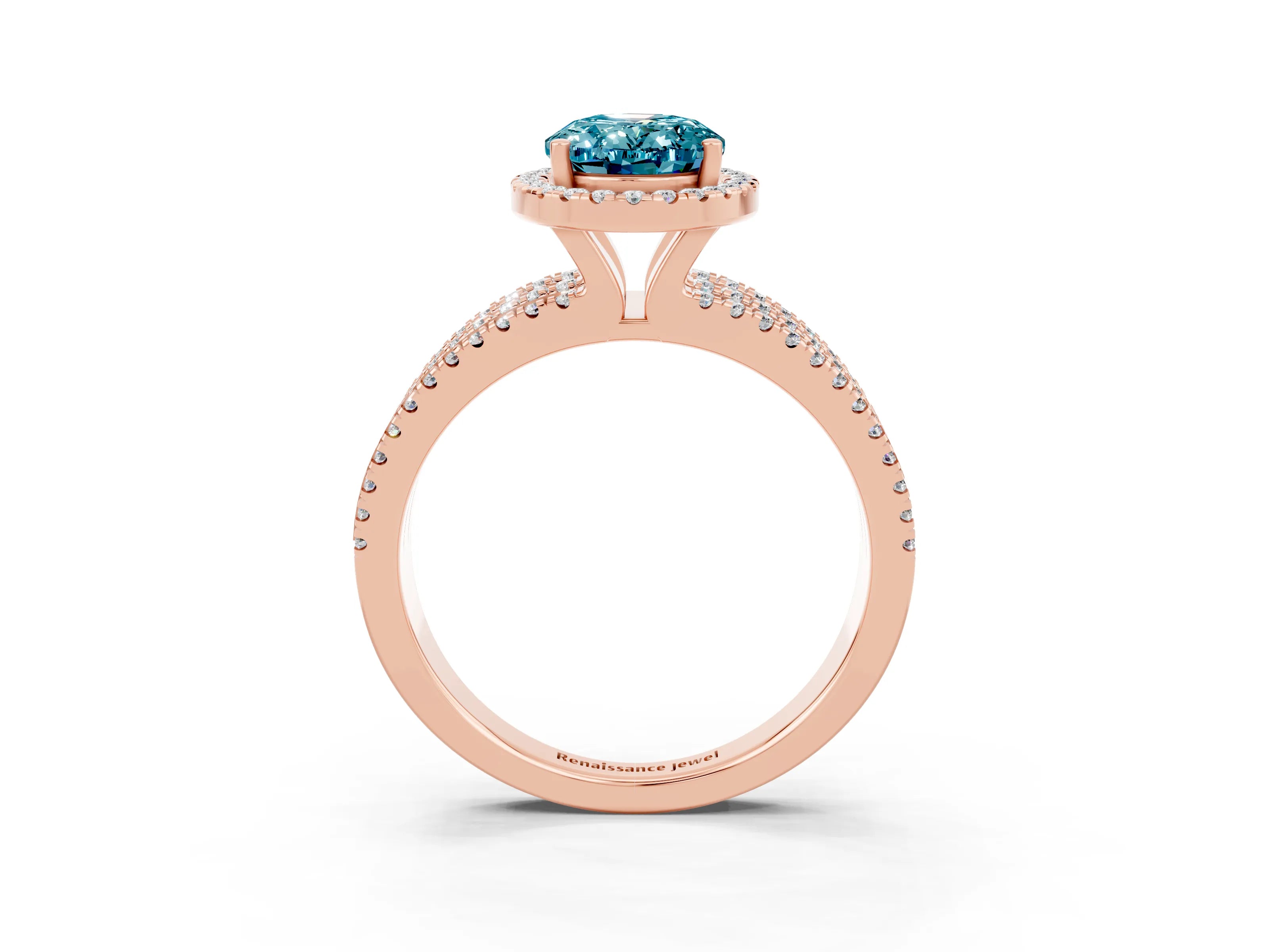 Rose gold {shape_name} Blue Topaz Halo Engagement Ring with Split Shank and Four-Prong Setting_3