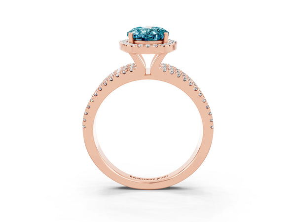 Rose gold Oval Cut Blue Topaz Halo Engagement Ring with Split Shank and Four-Prong Setting