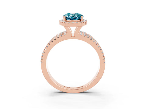 Rose gold {shape_name} Blue Topaz Halo Engagement Ring with Split Shank and Four-Prong Setting_3