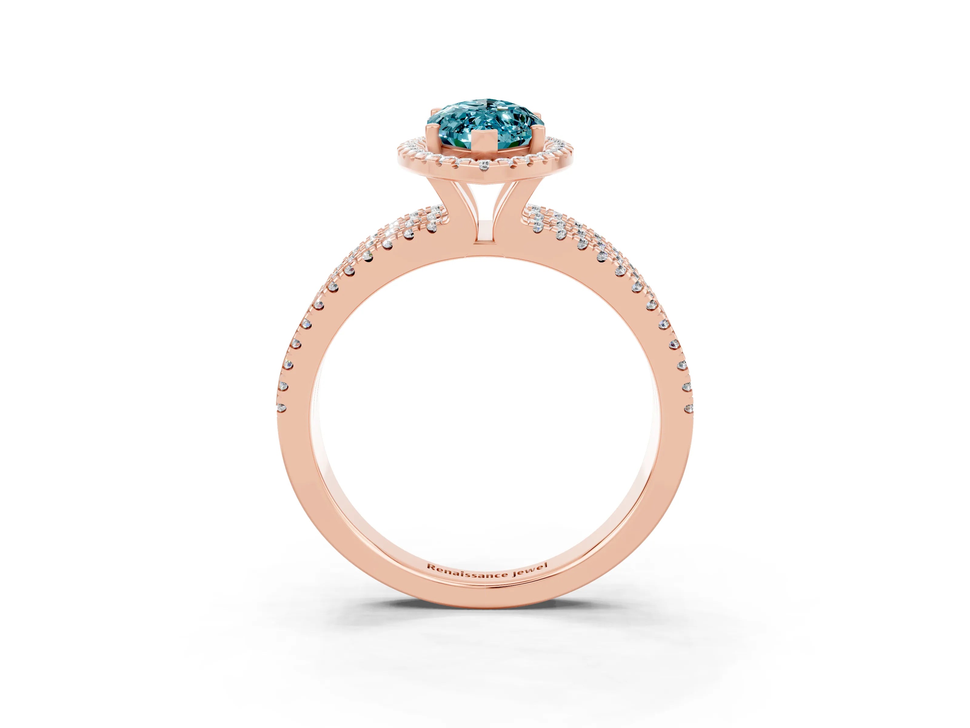 Rose gold {shape_name} Blue Topaz Halo Engagement Ring with Split Shank and Four-Prong Setting_3