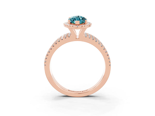 Rose gold Marquise Cut Blue Topaz Halo Engagement Ring with Split Shank and Four-Prong Setting