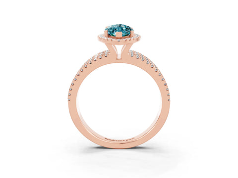 Rose gold {shape_name} Blue Topaz Halo Engagement Ring with Split Shank and Four-Prong Setting_3