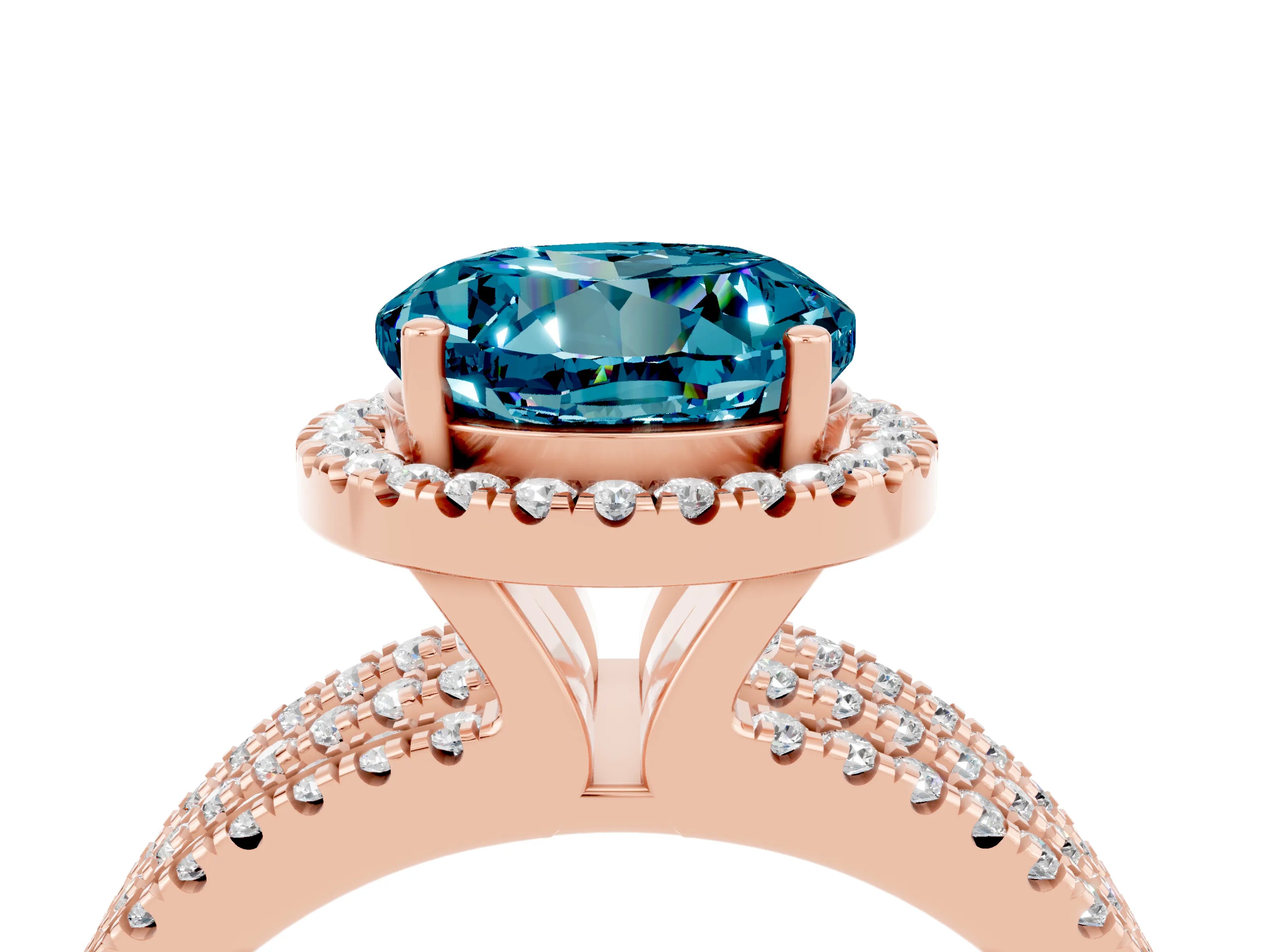 Rose gold {shape_name} Blue Topaz Halo Engagement Ring with Split Shank and Four-Prong Setting_4