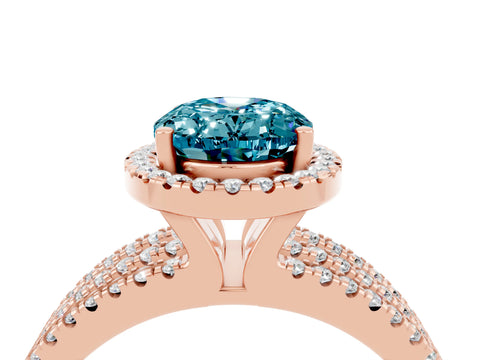 Rose gold {shape_name} Blue Topaz Halo Engagement Ring with Split Shank and Four-Prong Setting_4