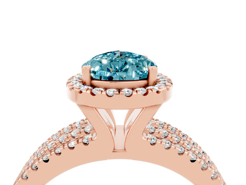 Rose gold {shape_name} Blue Topaz Halo Engagement Ring with Split Shank and Four-Prong Setting_4