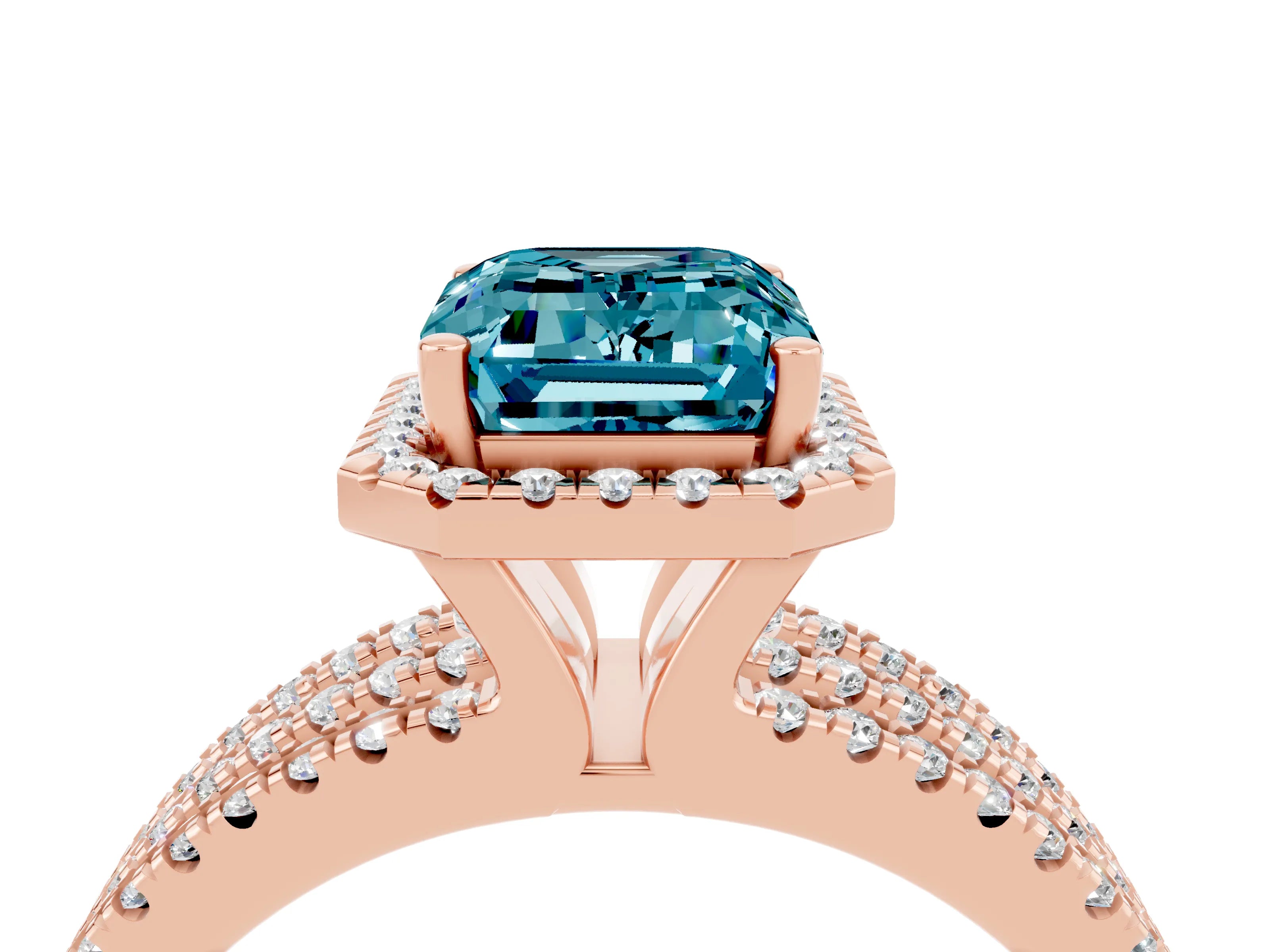 Rose gold {shape_name} Blue Topaz Halo Engagement Ring with Split Shank and Four-Prong Setting_4