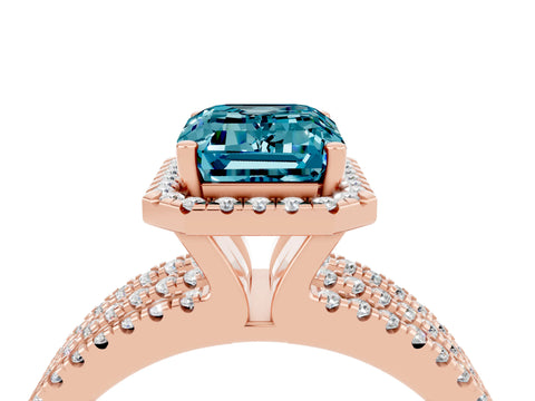Rose gold {shape_name} Blue Topaz Halo Engagement Ring with Split Shank and Four-Prong Setting_4