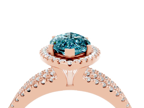 Rose gold {shape_name} Blue Topaz Halo Engagement Ring with Split Shank and Four-Prong Setting_4