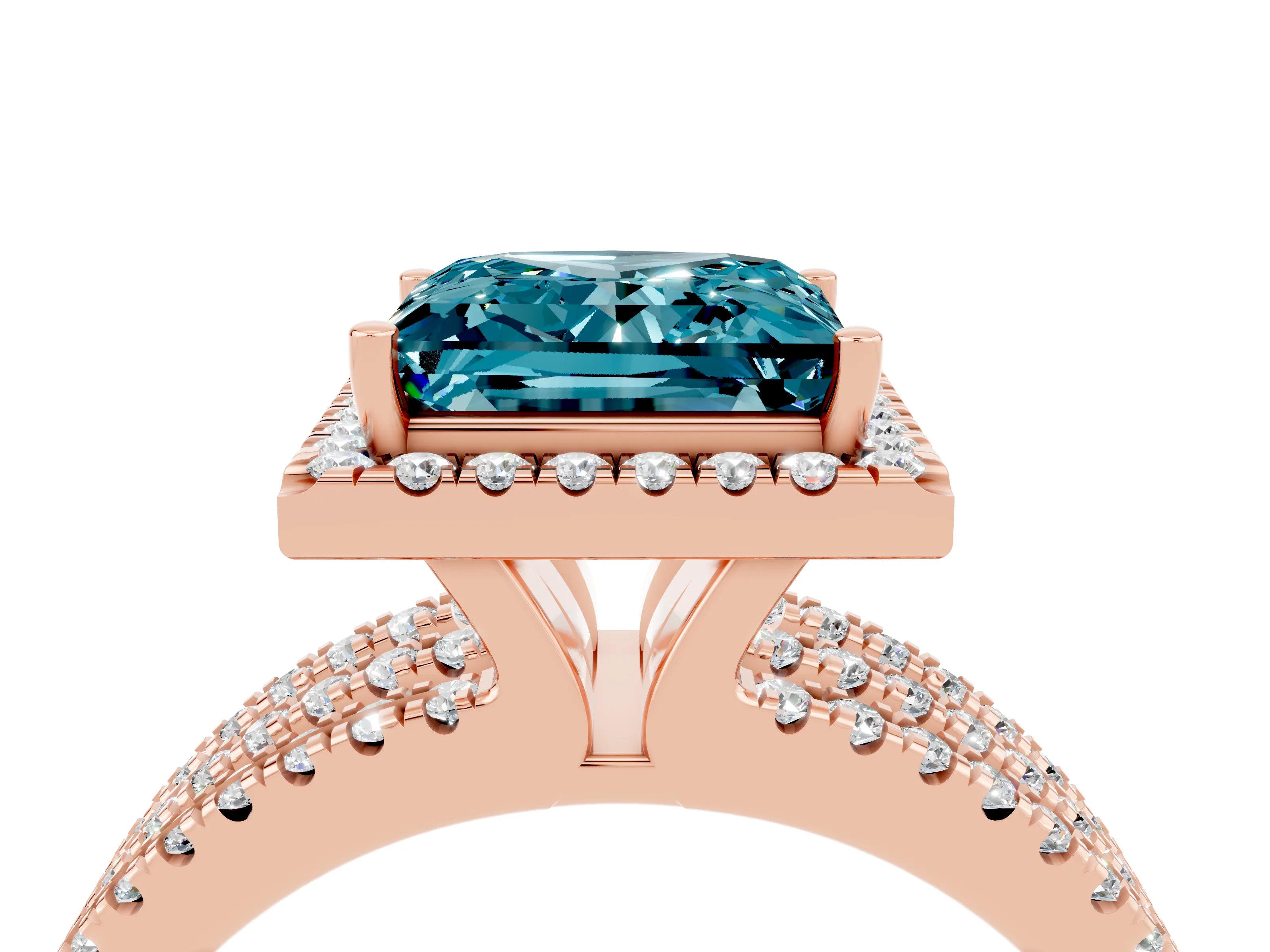 Rose gold {shape_name} Blue Topaz Halo Engagement Ring with Split Shank and Four-Prong Setting_4