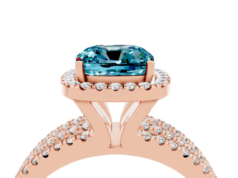 Rose gold {shape_name} Blue Topaz Halo Engagement Ring with Split Shank and Four-Prong Setting_4