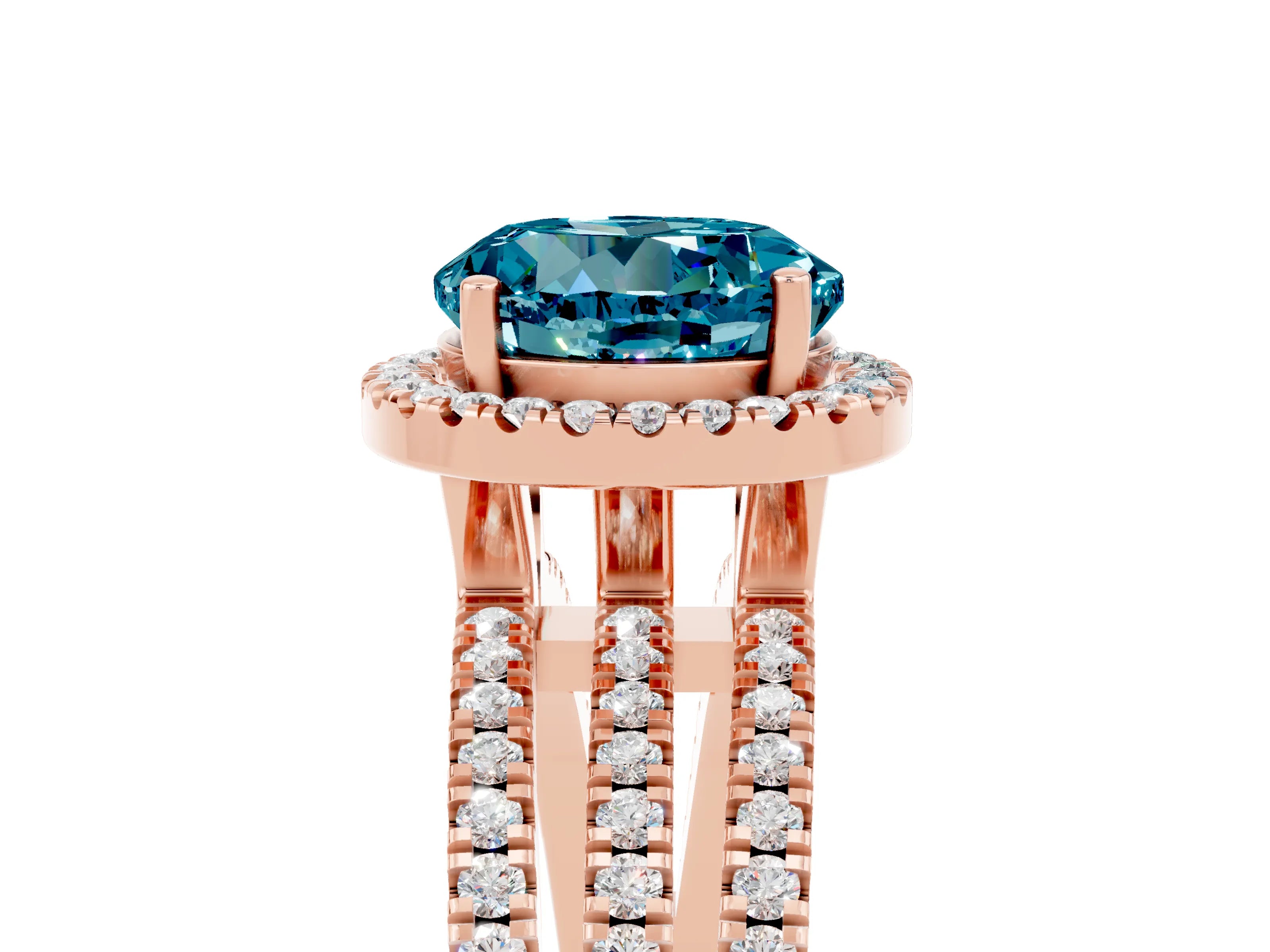Rose gold {shape_name} Blue Topaz Halo Engagement Ring with Split Shank and Four-Prong Setting_5
