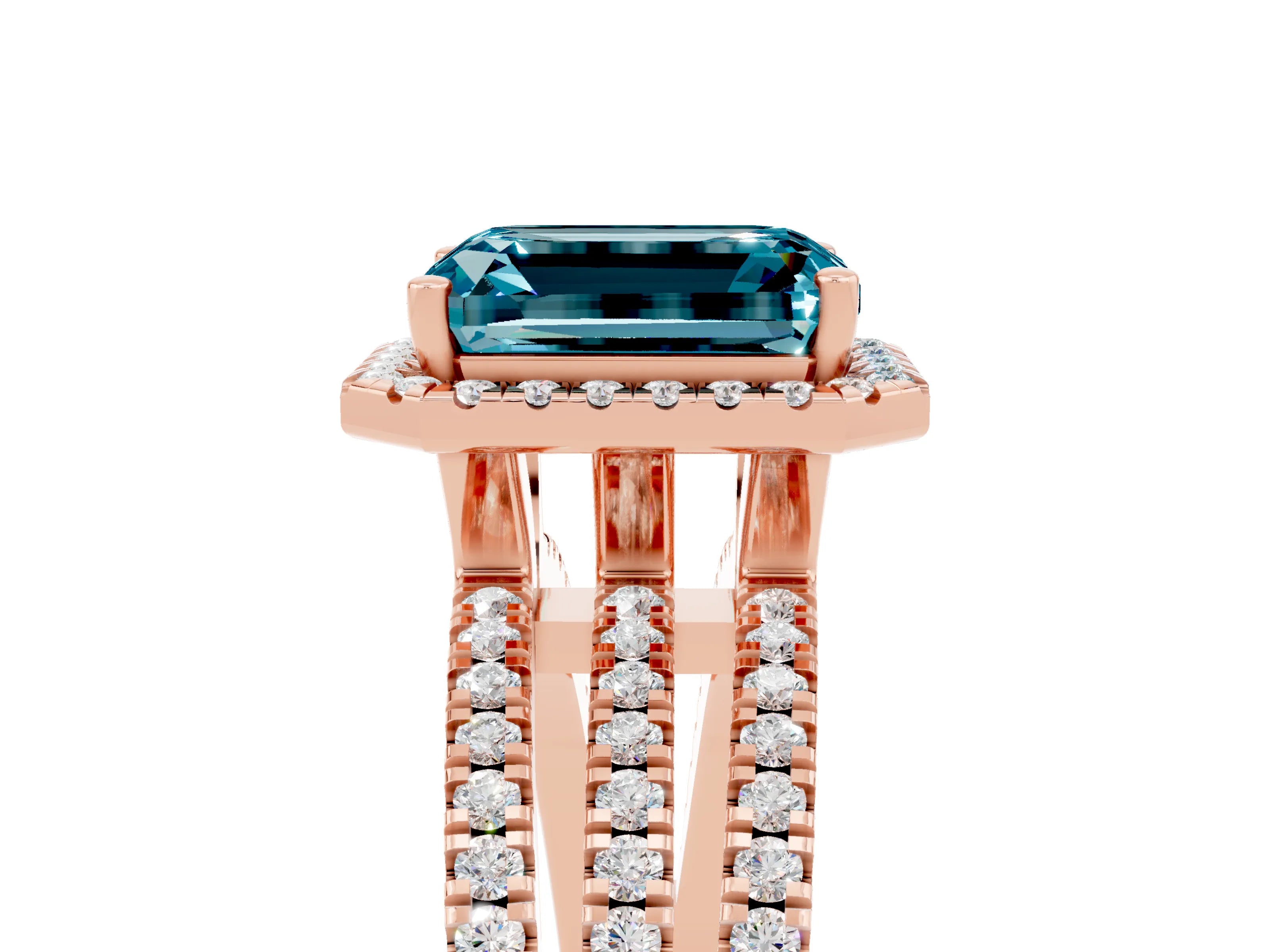 Rose gold {shape_name} Blue Topaz Halo Engagement Ring with Split Shank and Four-Prong Setting_5