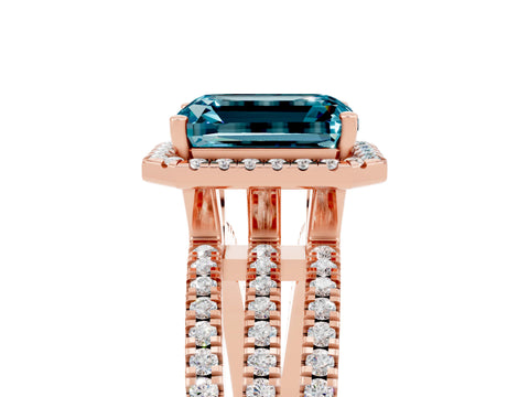 Rose gold {shape_name} Blue Topaz Halo Engagement Ring with Split Shank and Four-Prong Setting_5
