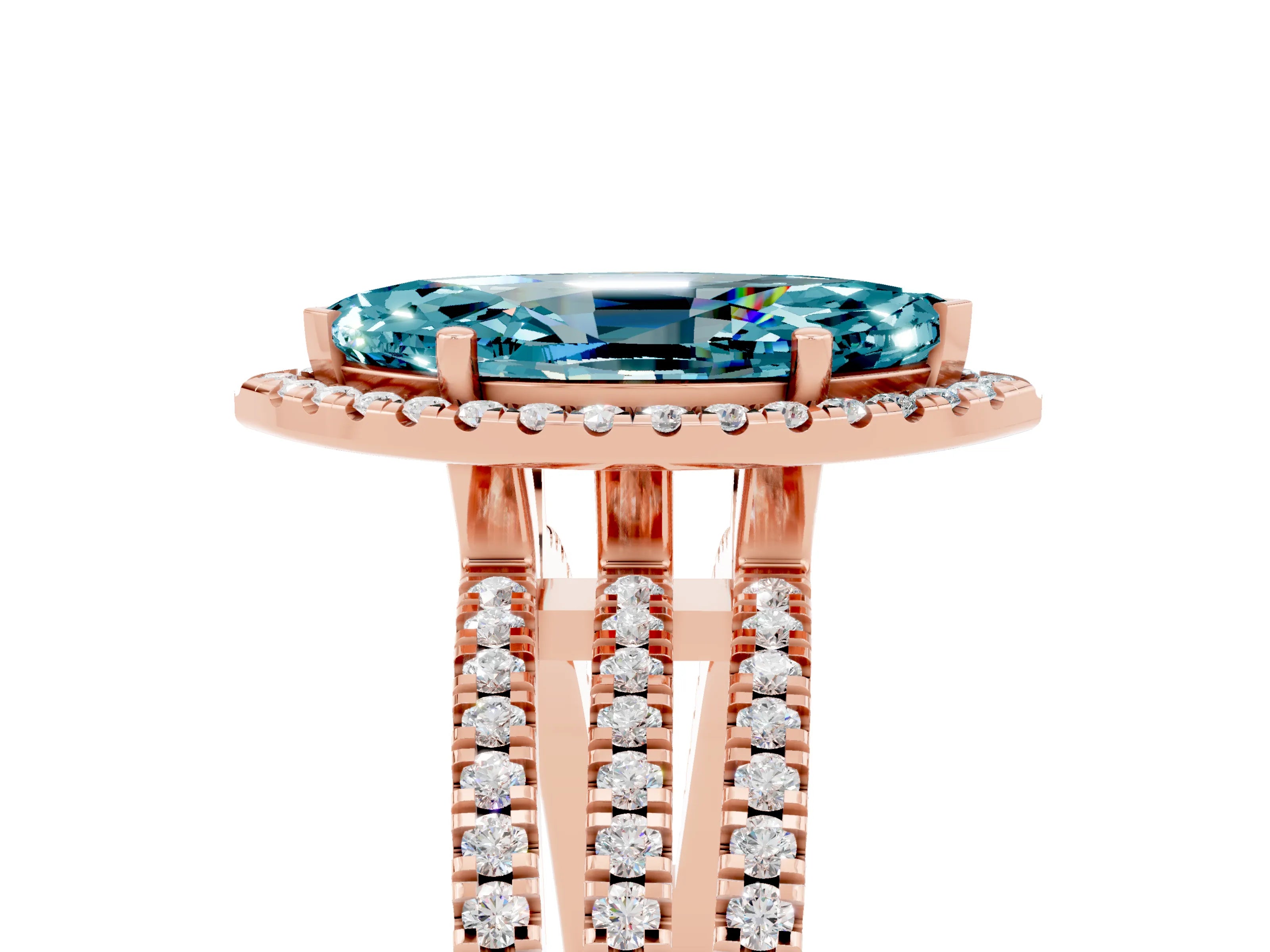 Rose gold {shape_name} Blue Topaz Halo Engagement Ring with Split Shank and Four-Prong Setting_5