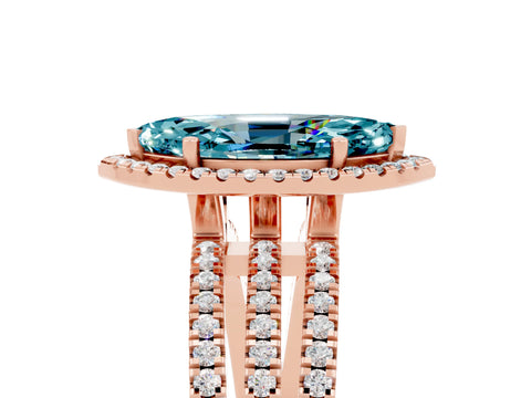 Rose gold {shape_name} Blue Topaz Halo Engagement Ring with Split Shank and Four-Prong Setting_5
