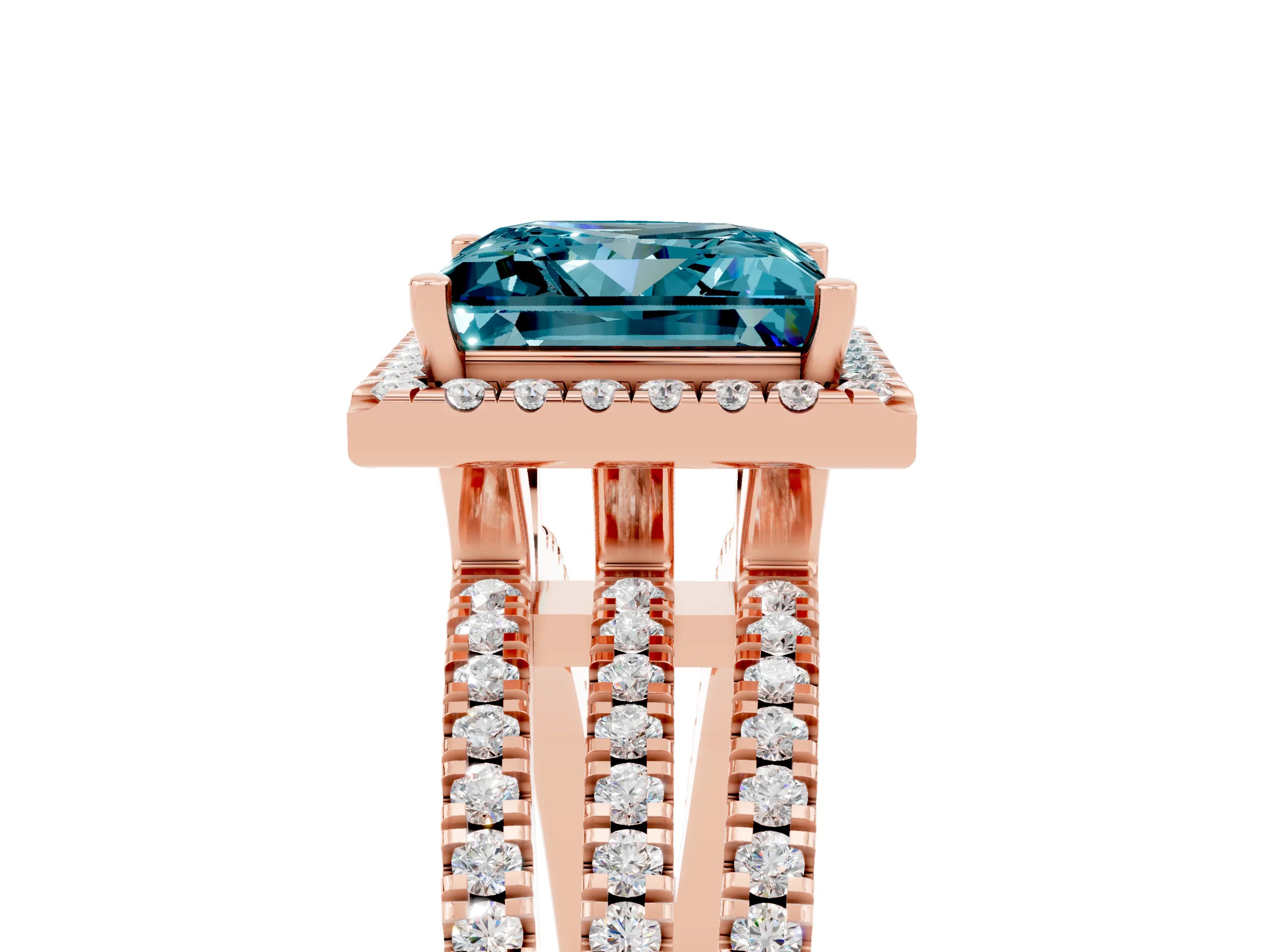 Rose gold {shape_name} Blue Topaz Halo Engagement Ring with Split Shank and Four-Prong Setting_5